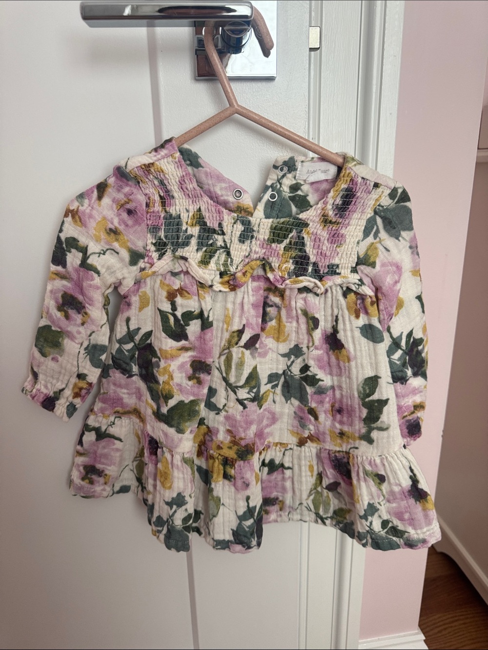 Angel Dear Floral Smocked Long Sleeve Top - Pink, Green, Yellow on Cream
